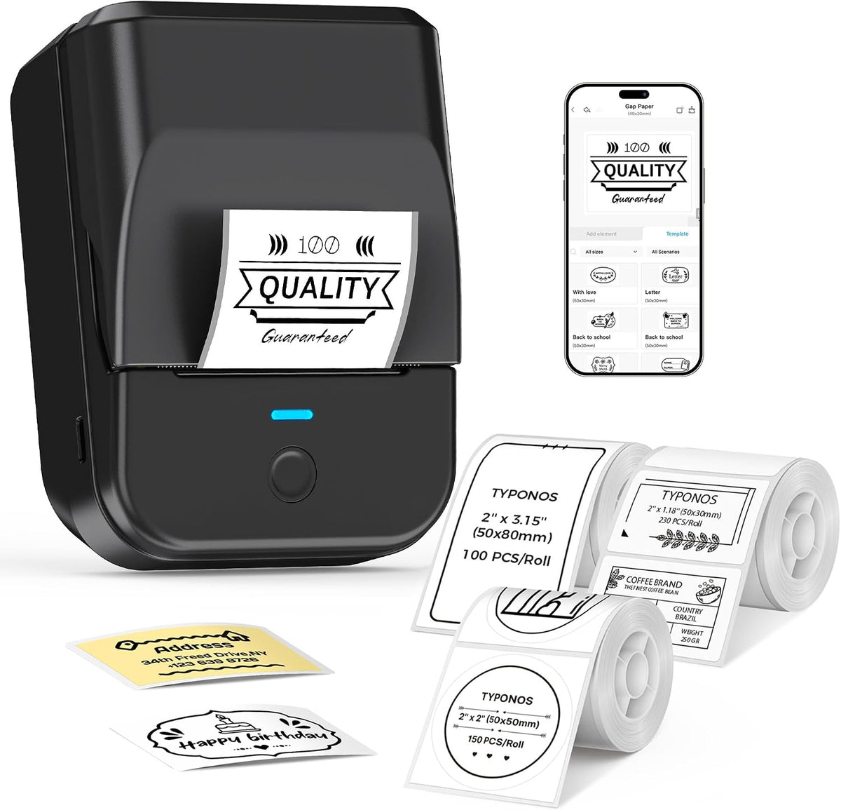 PM240 Label Maker Machine with 3 Tapes, Label Printer Black, Set 1