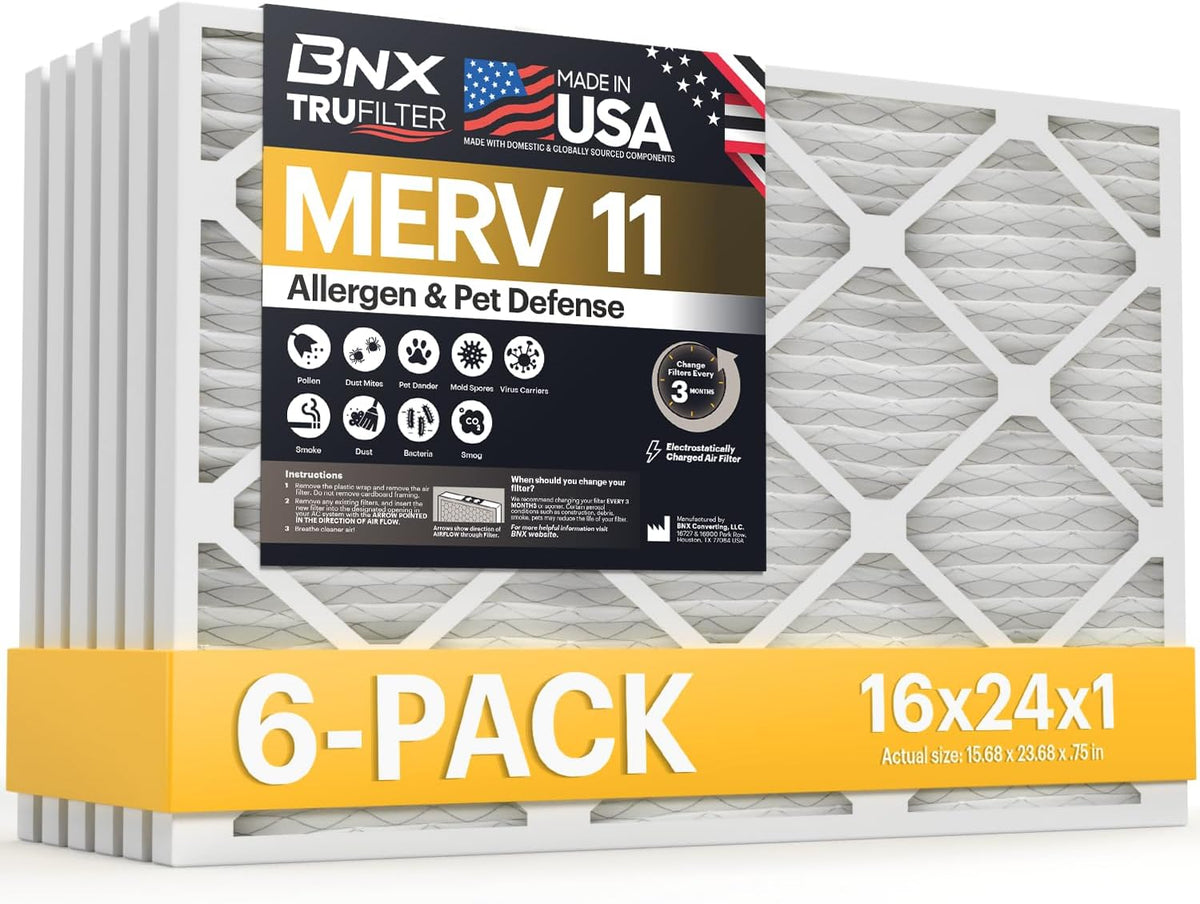 BNX TruFilter 20x20x1 Air Filter MERV 11 (6-Pack) - MADE IN USA - Allergen Defense Electrostatic Pleated Air Conditioner HVAC AC Furnace Filters for Allergies, Dust, Pet, Smoke, Allergy MPR 1200 FPR 7