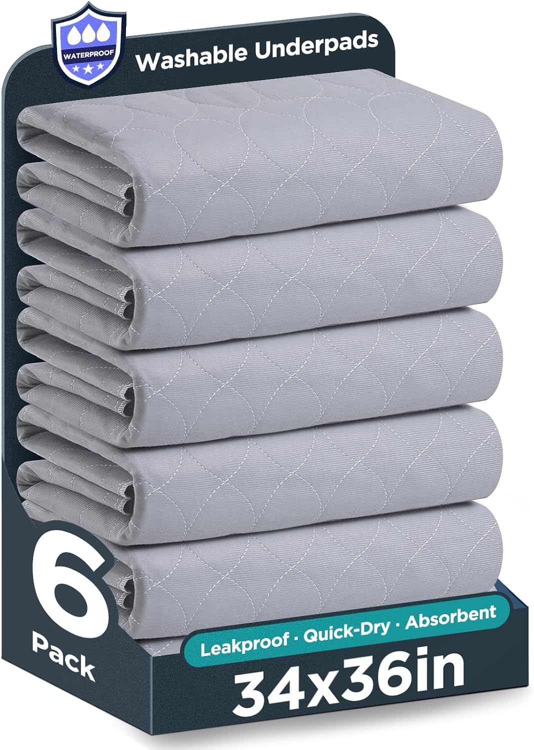 Washable Bed Pads 36" x 72" - 2 Pack, Grey, Waterproof Bed Pads for Incontinence, Bed Wetting Pads for Bed, Sofa, Floor, Resuable Underpads for Adults, Seniors, Pet