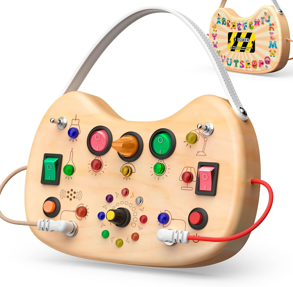 UdoUto Montessori Wooden Busy Board for Toddlers with LED Lights & Switches