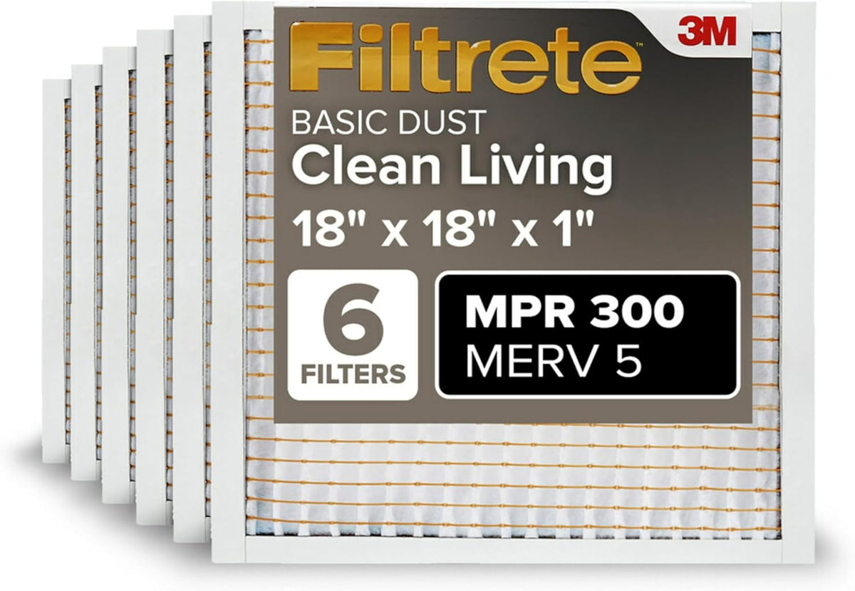 Filtrete 16x25x1 Air Filter MERV 5, 6-Pack AC Furnace HVAC, MPR 300 Basic Dust Defense, Pleated Electrostatic, Removes Lint