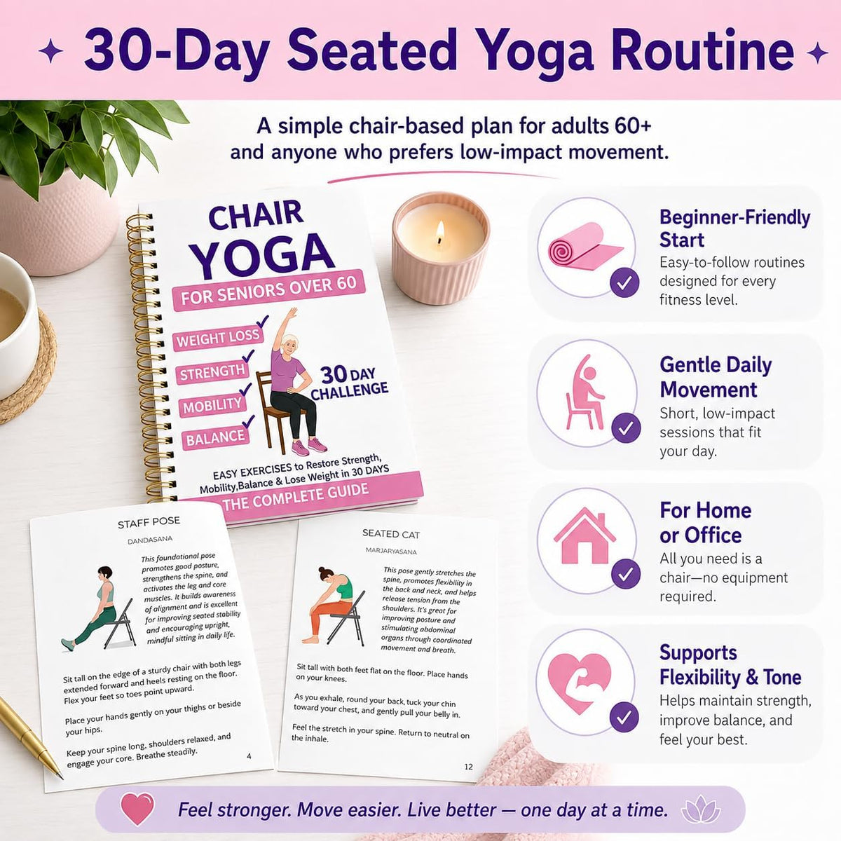 Chair Yoga For Seniors Over 60 Book & Chart,30-Day Beginner Challenge with 54-Page Spiral Bound Exercise Guide,Senior Fitness Planner for Weight Loss,Toning,Flexibility and Daily Workouts,Pink