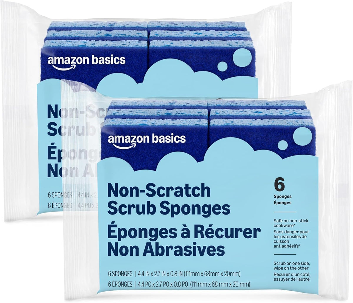 Amazon Basics Non-Scratch Dual-Sided Sponges for Nonstick Pots and Pans, Dish Scrubber, All-Purpose, 6-Pack, Packaging May Vary