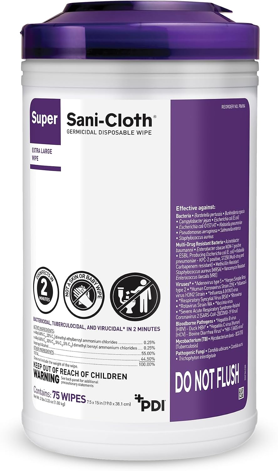 Super Sani-Cloth X-Large Germicidal Disposable Wipe, Hospital-Grade Disinfection, Purple Top, 1 Canister of 75 XL 5'' x 8'' Wipes