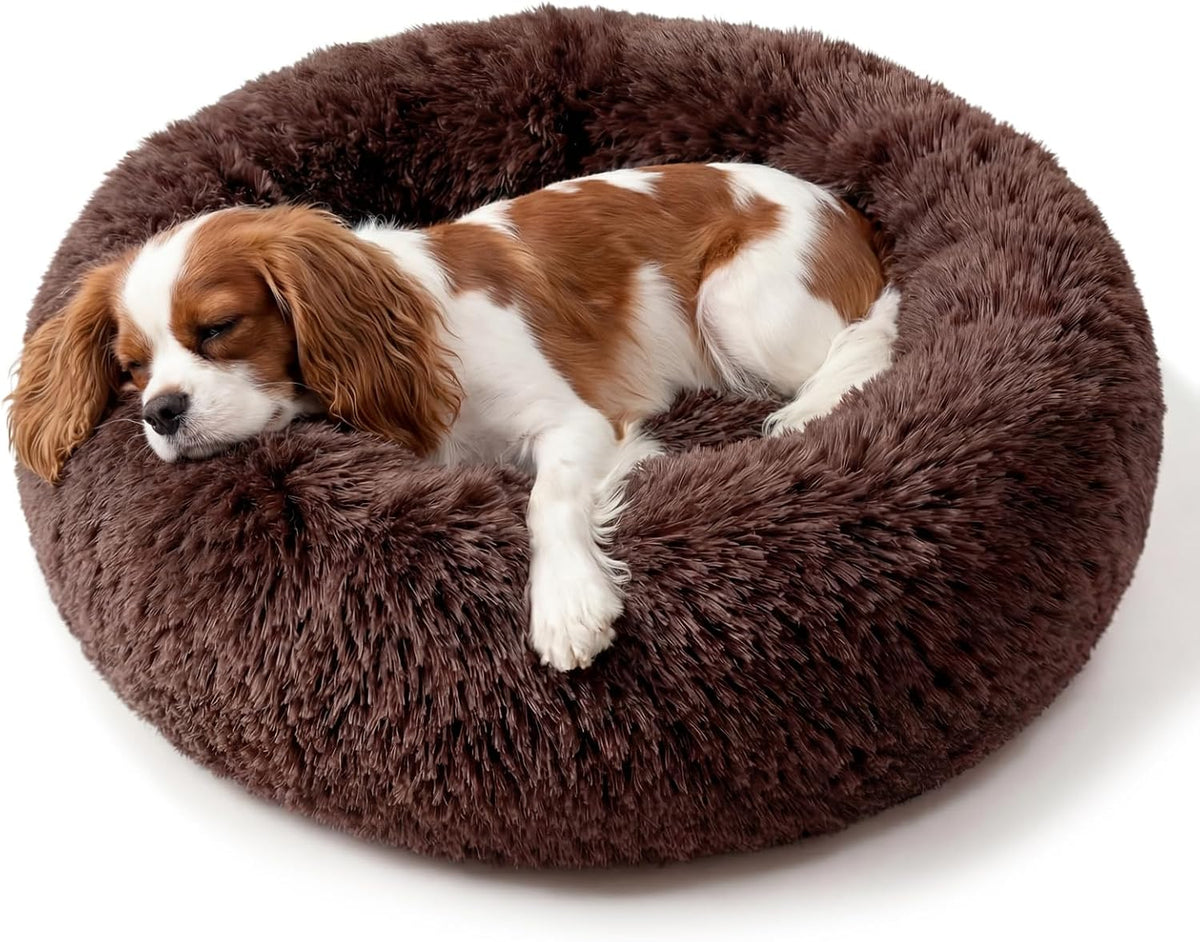 Small Calming Dogs Bed for Small Dogs Anti-Anxiety Machine Washable Fluffy Luxury Anti-Slip Waterproof Mute Base Warming Cozy Soft Pet Puppy Round Bed
