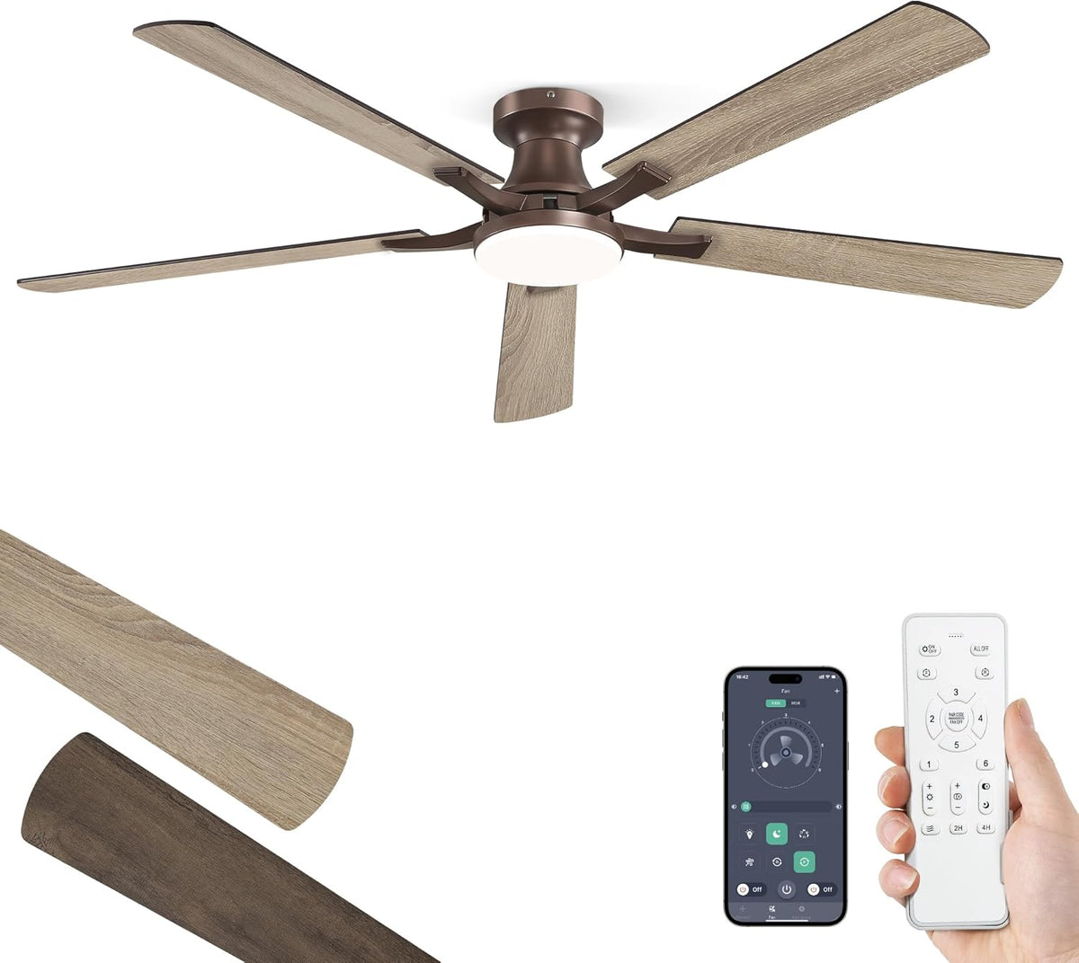 ZMISHIBO 52 Inch Ceiling Fans with Lights, Remote&App Control, Flush Mount