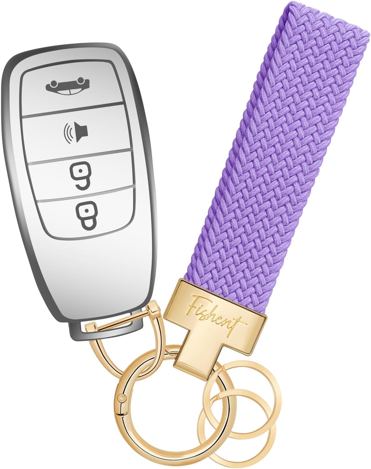 Fishent Stretchy Car Keychain, Nylon Braided Cool Key Chain for Women Men, Universal Key Fob Holder with 3 Keyrings, Anti-Lost D-Ring, Car Accessories, Starlight