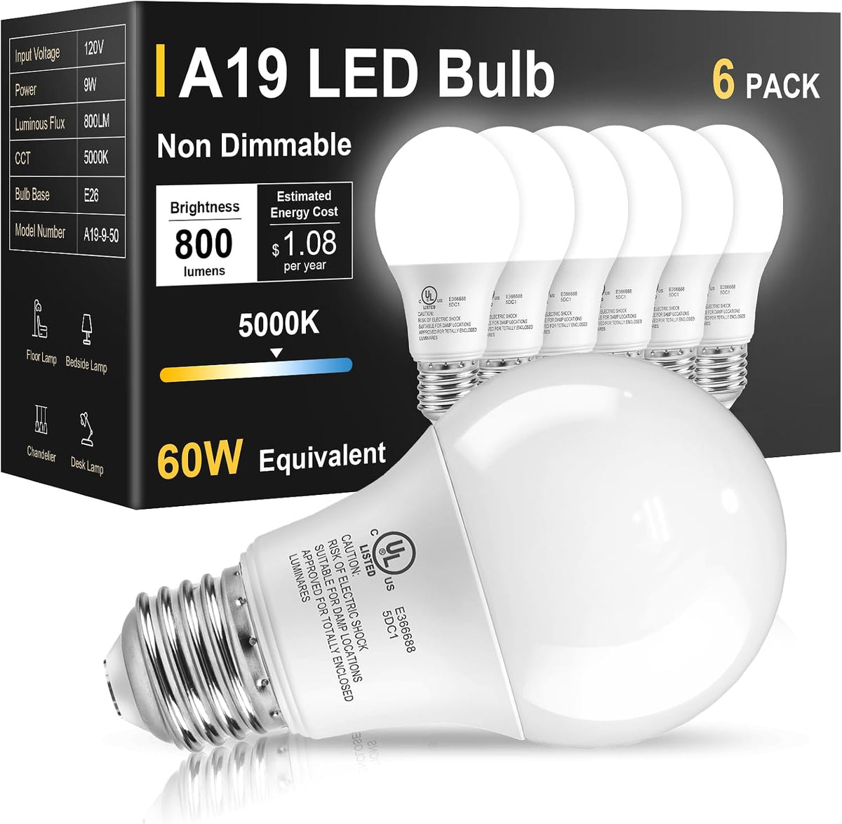 TJOY 6 Pack LED Light Bulbs 60 Watt Equivalent, Daylight White 5000K A19
