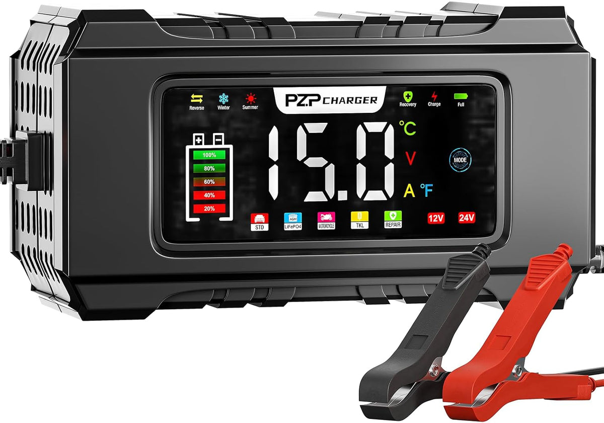 PZ.P 15-Amp 12V/24V Smart Battery Charger, Maintainer & Trickle Charger for LiFePO4, Lead Acid Batteries - Fully Automatic 9-Stage Charging w/Temp Compensation for Motorcycle Car Truck Lawnmower Boat