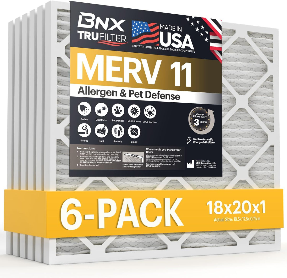 BNX TruFilter 20x20x1 Air Filter MERV 11 (6-Pack) - MADE IN USA - Allergen Defense Electrostatic Pleated Air Conditioner HVAC AC Furnace Filters for Allergies, Dust, Pet, Smoke, Allergy MPR 1200 FPR 7