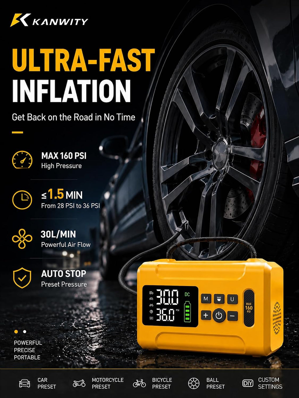 Tire Inflator Portable Air Compressor 160 PSI Air Pump for Car Tires 8000 mAh & 12V DC Powered Fast 30L/min, Digital Tire Pressure Gauge, LED Lights, 5 Modes Auto Shut-off (Yellow, 8000 mAh)