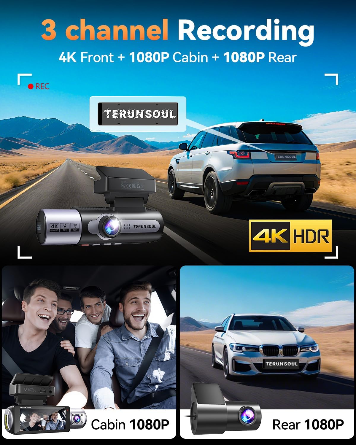 4K Dash Cam Front and Rear, Full HD 3 Channel Dashcam, Free 128GB Card