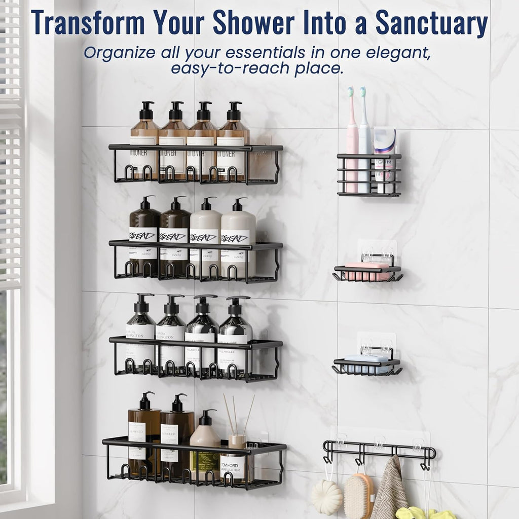 8 Pack Adhesive Large Capacity No-Drilling Shower Caddy, Black
