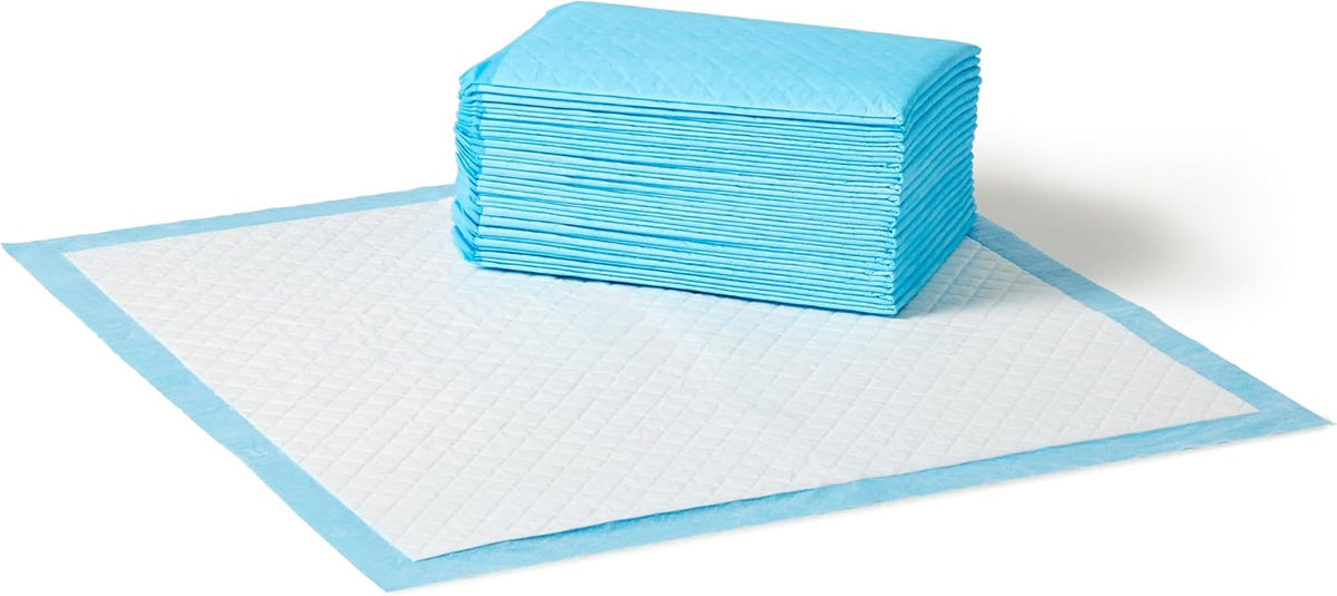 Amazon Basics X-Large Heavy Duty Absorbent Puppy Potty Pads, Leak-Proof, Quick-Dry, Super Absorbent Gel Technology for Dog Training, 28 x 34 Inches, Blue & White, Pack of 50