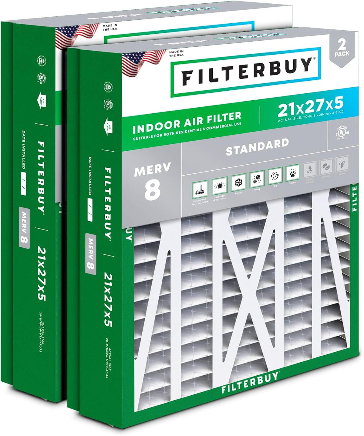 Filterbuy 20x25x5 Air Filter MERV 8 Dust & Allergy Defense (2-Pack)