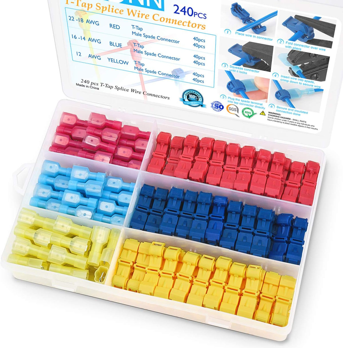 TICONN T Tap Wire Connectors, T Wire Quick Splice Connector, T Connectors for Wiring with Storage Case (120 Pcs)