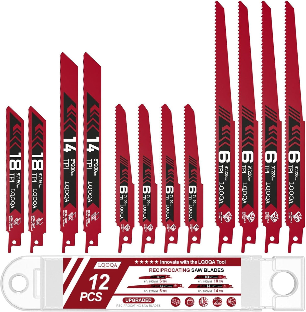 12-Piece Bi-Metal Reciprocating Saw Blade Set，Premium 6 & 8 & 9 Inch Wood & Metal Cutting Saw Blades withstorage Box，Long-Lasting Pruning Blades