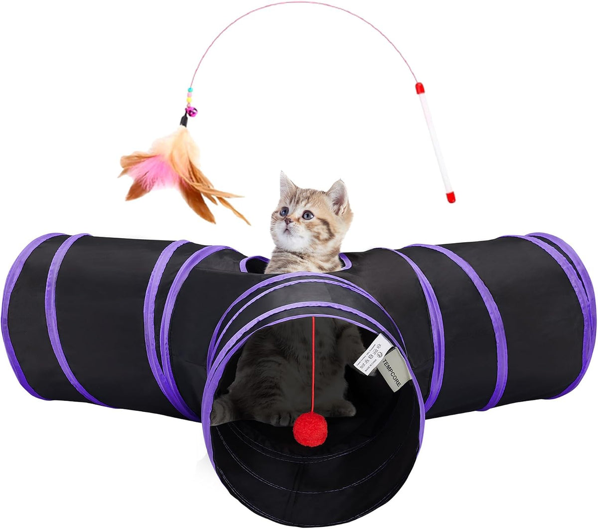 Tempcore Cat Tunnel, 3-Way Collapsible Toy for Indoor Cats, Black & Blue