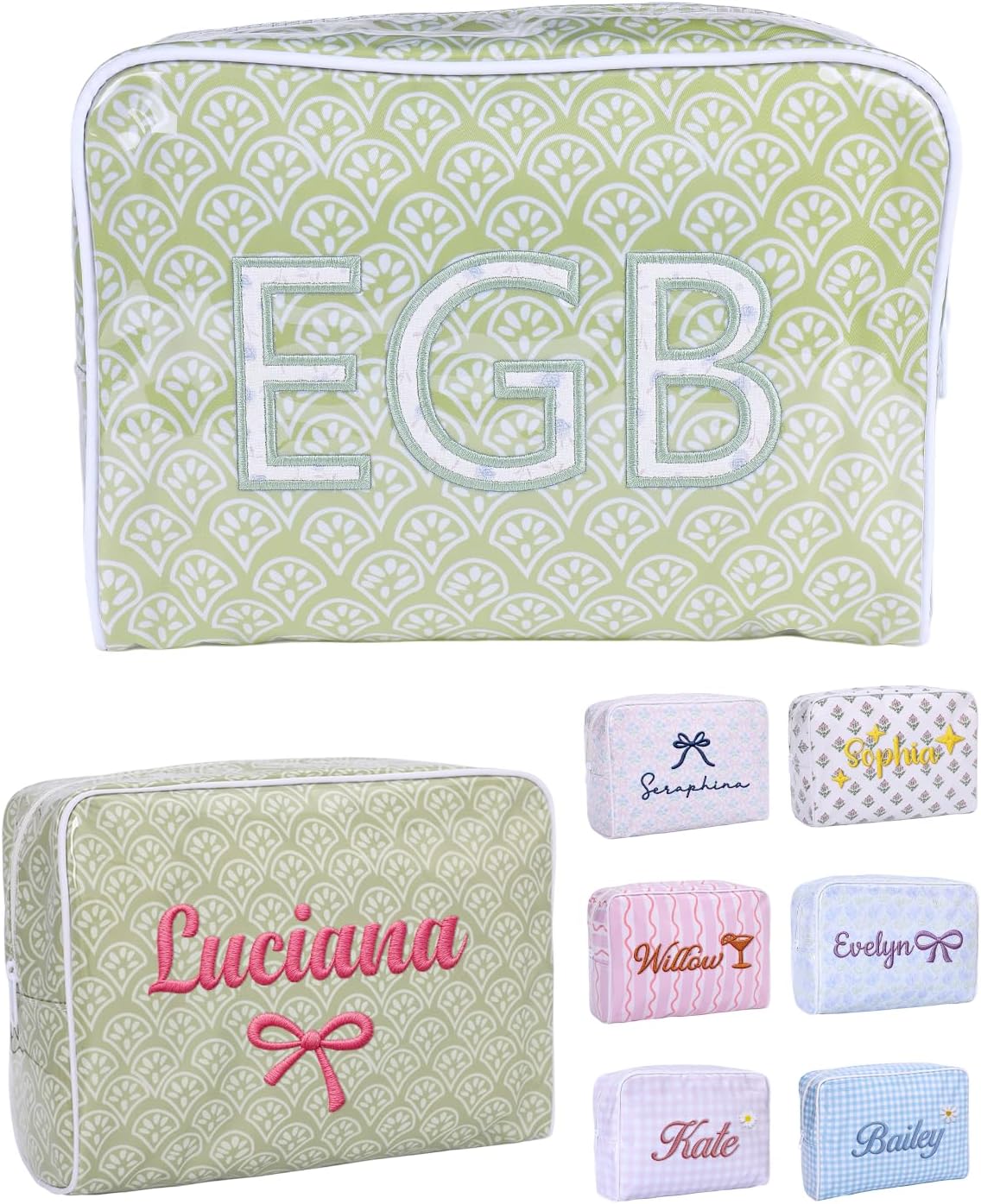 Large Capacity Striped PVC Makeup Bags for Women, Personalized Embroidered Name Waterproof Cosmetic Pouch, Custom Zipper Monogram Toiletry Bag for Summer Pool Beach Travel, Bridesmaid Birthday Gift