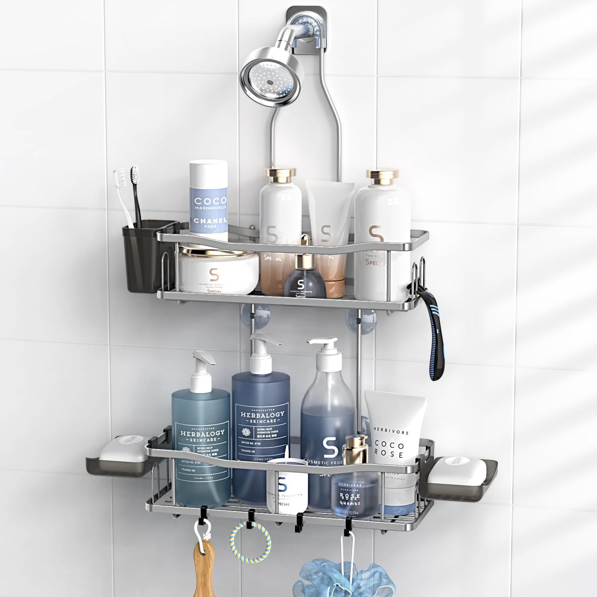 Hanging Shower Caddy Over Shower Head - No Drill Rustproof Shower Rack
