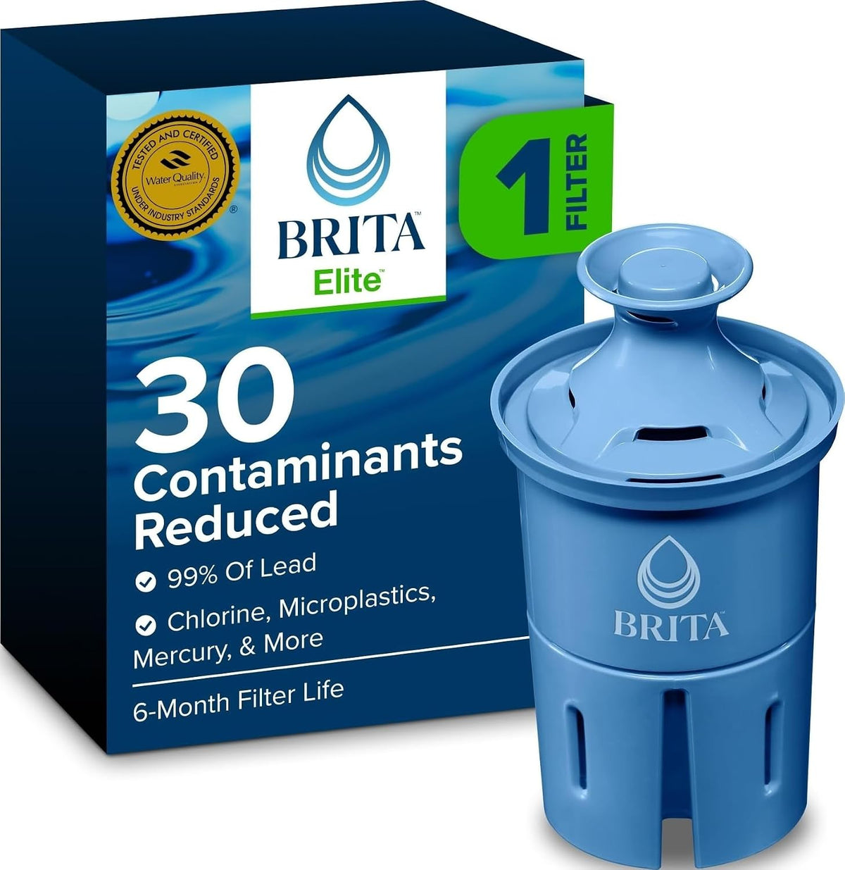 Brita Elite Water Filter Replacements for Pitchers and Dispensers, BPA-Free, Reduces 99% of Lead, Lasts Six Months or 120 Gallons, Includes 2 Pitcher Replacement Filters, Blue