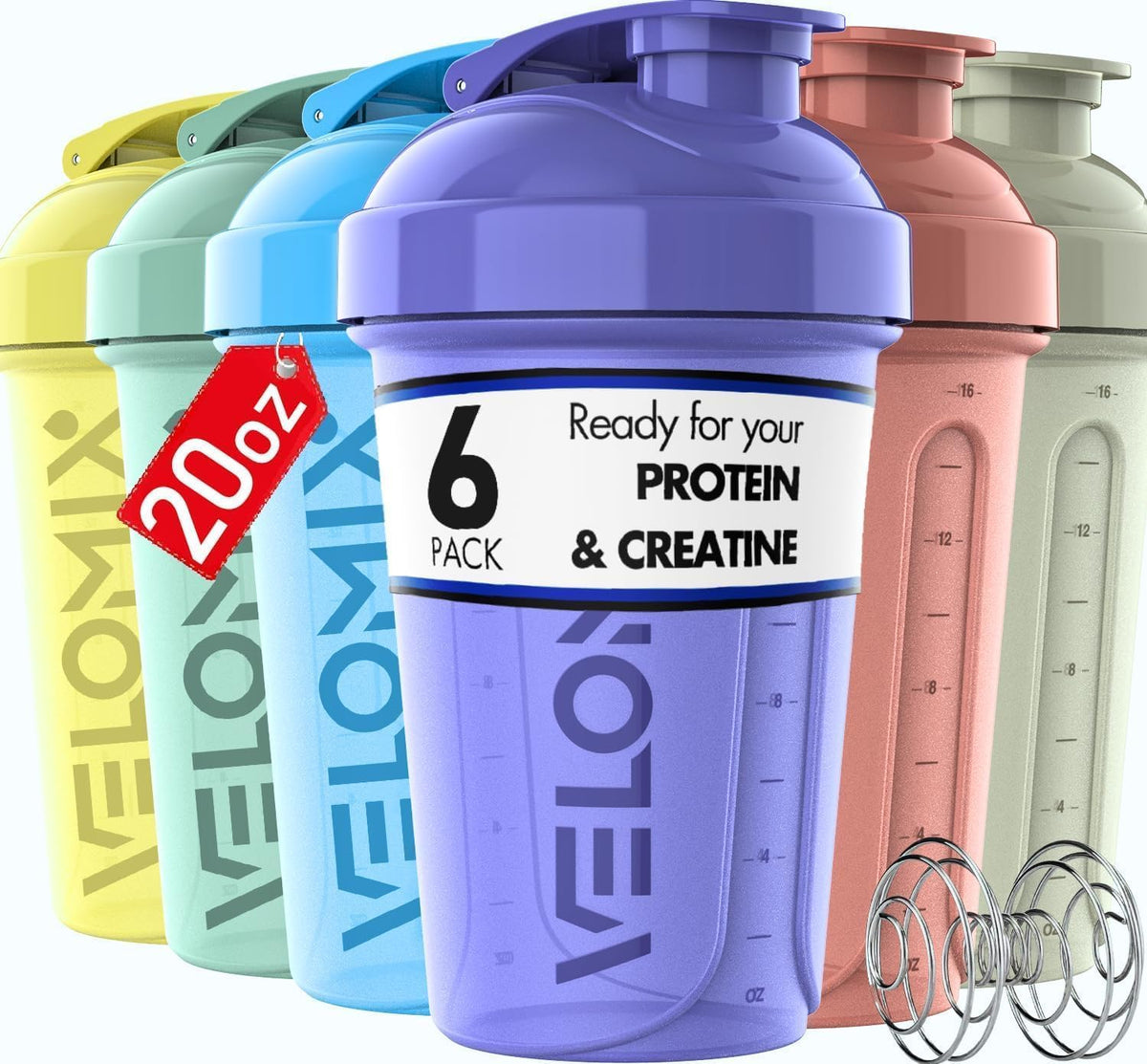 VELOMIX 6 Pack 20oz Shaker Cups for Protein Shakes, Pastel Shades