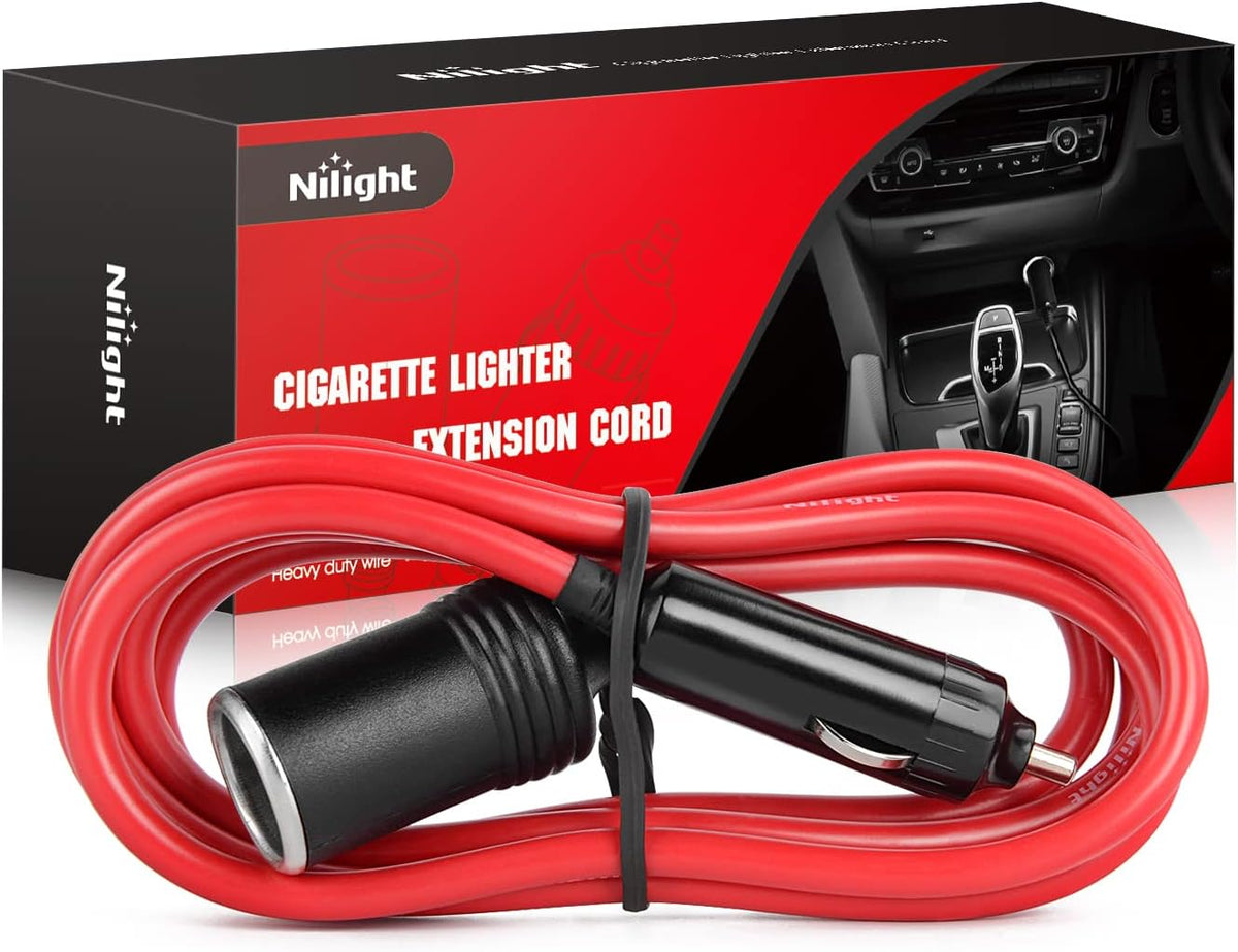 Nilight 10003W 14 Ft Male-to-Female Extension Cord Cable Heavy Duty 12V/24V Car Charger with Cigarette Lighter Socket,2 Years Warranty, red