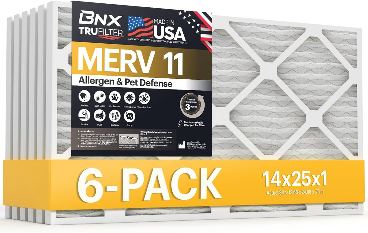 BNX TruFilter 20x20x1 Air Filter MERV 11 (6-Pack) - MADE IN USA - Allergen Defense Electrostatic Pleated Air Conditioner HVAC AC Furnace Filters for Allergies, Dust, Pet, Smoke, Allergy MPR 1200 FPR 7