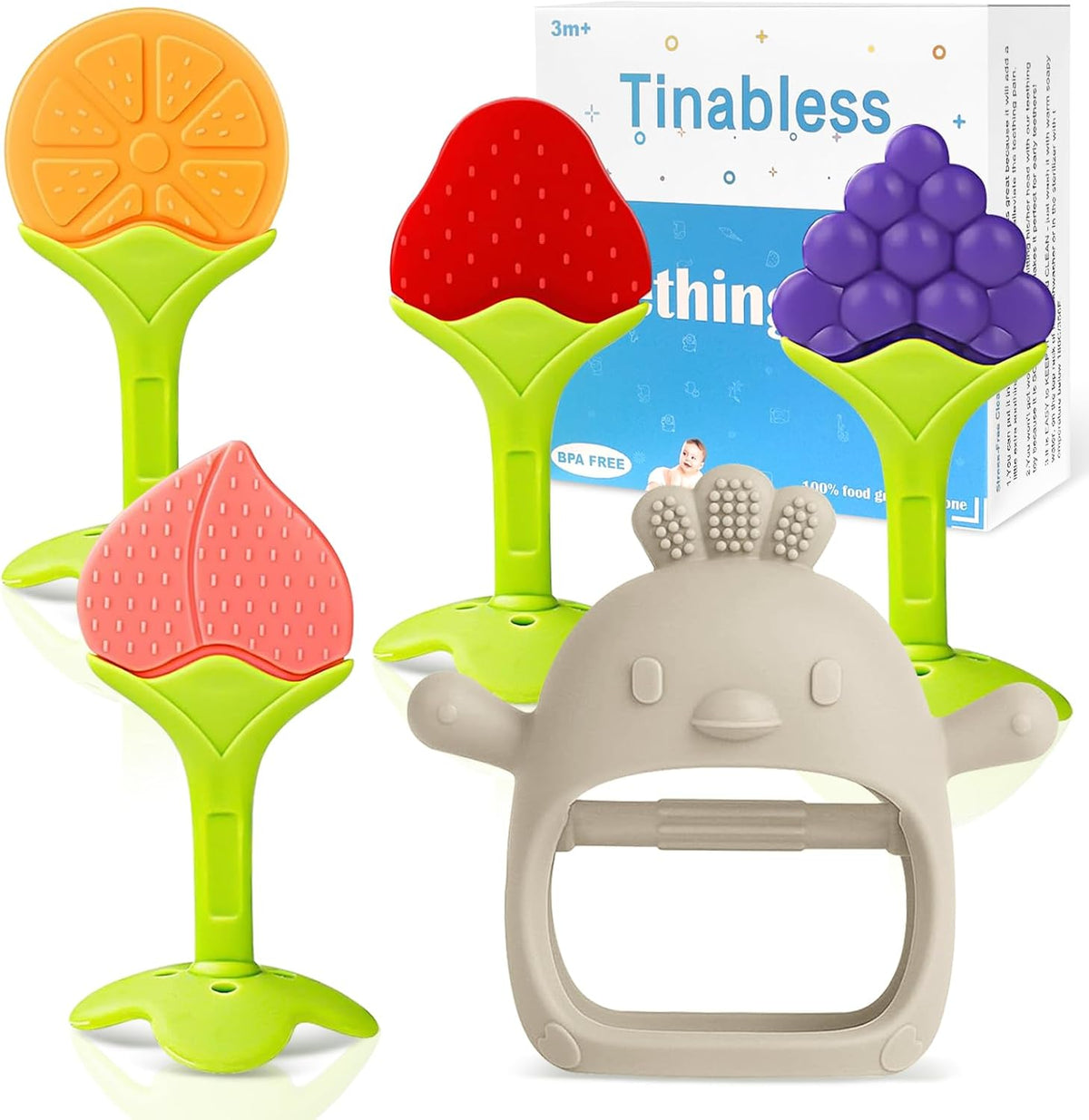 Teething Toys (5 Pack) - Tinabless Infant Teething Keys Set, BPA-Free, Natural Organic Freezer Safe for Infants and Toddlers, Silicone Baby Teethers