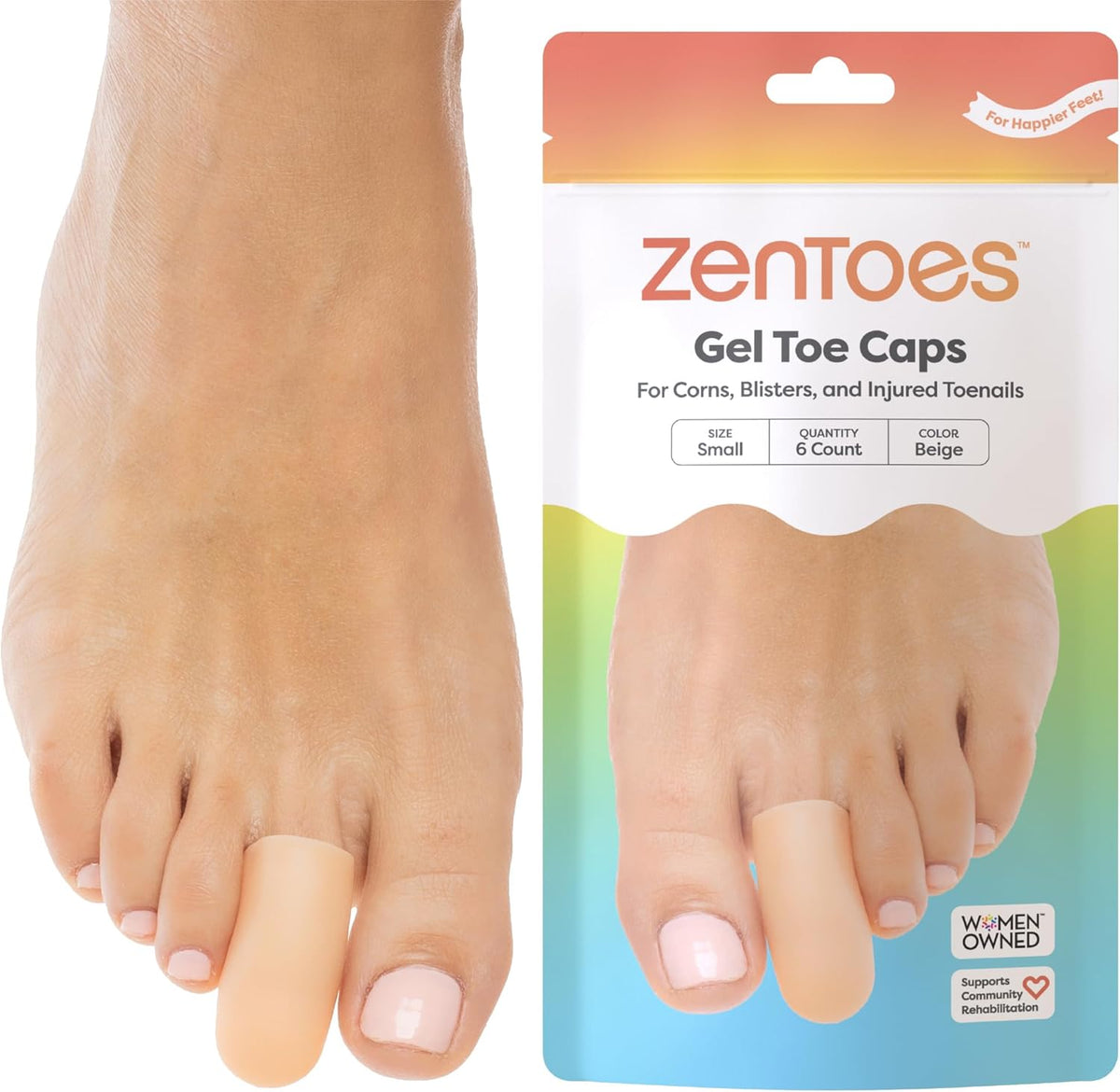 ZenToes Gel Toe Caps, Silicone Toe Protectors, 6-Pack (Large, Beige)