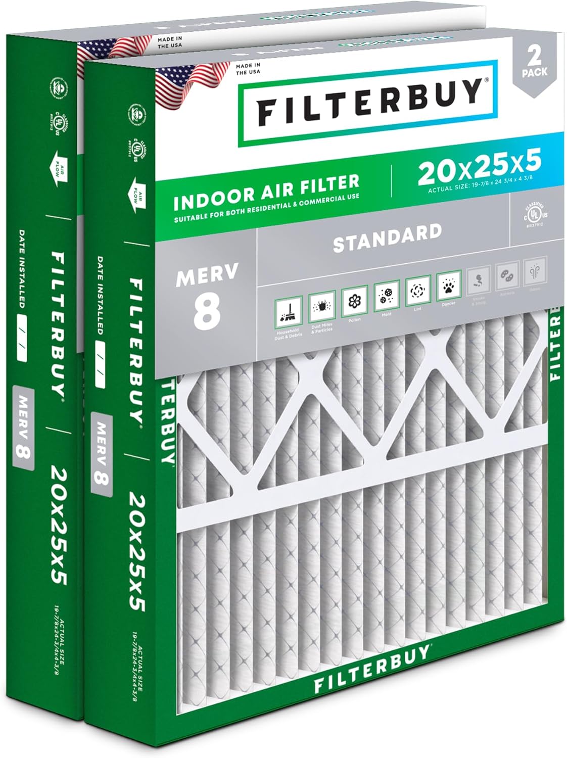 Filterbuy 20x25x5 Air Filter MERV 8 Dust & Allergy Defense (2-Pack)