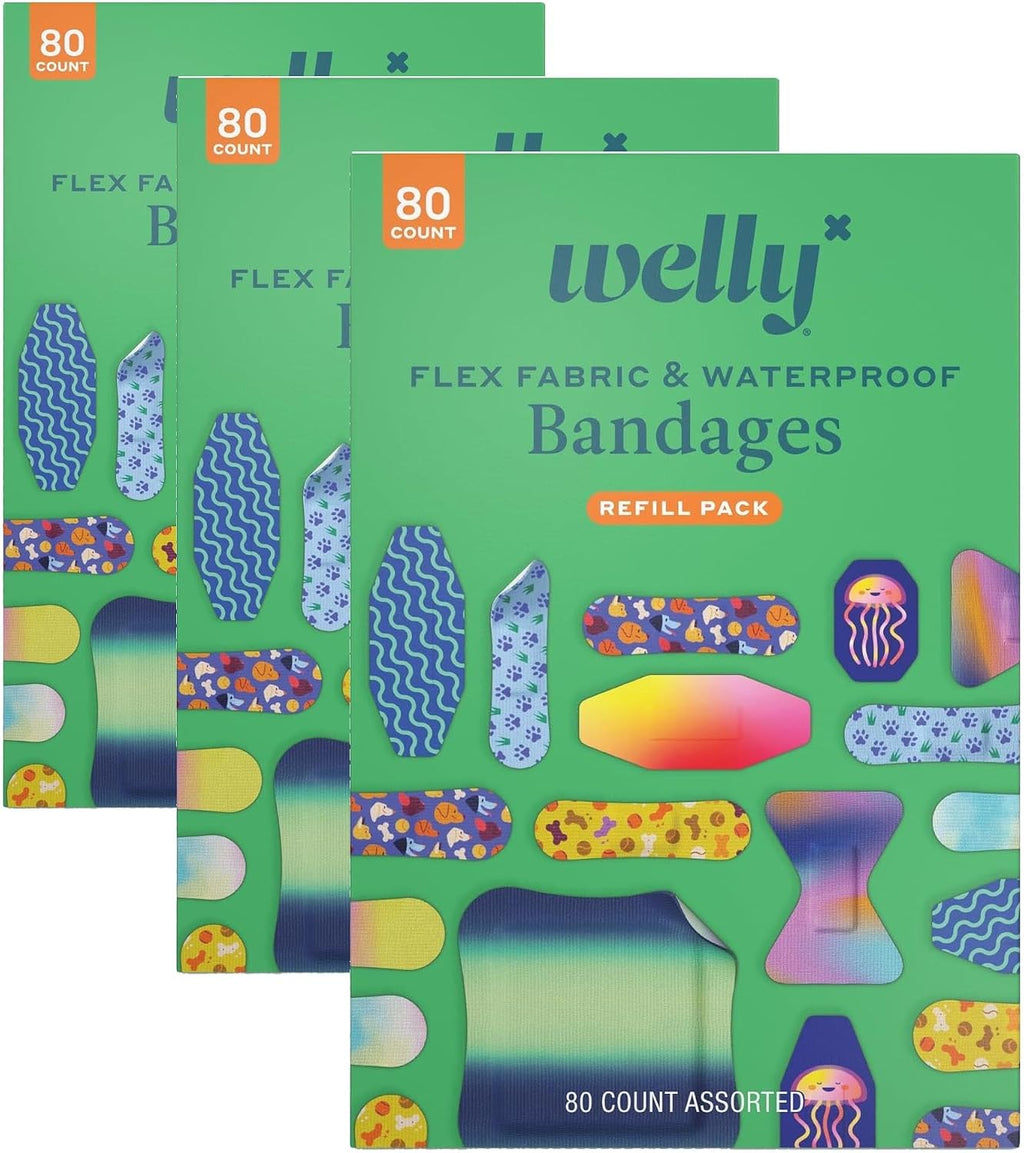Welly Bandage Family Pack | Adhesive Flexible Fabric & Waterproof Bandages | Assorted Shapes and Patterns for Minor Cuts, Scrapes, and Wounds - 80 Count