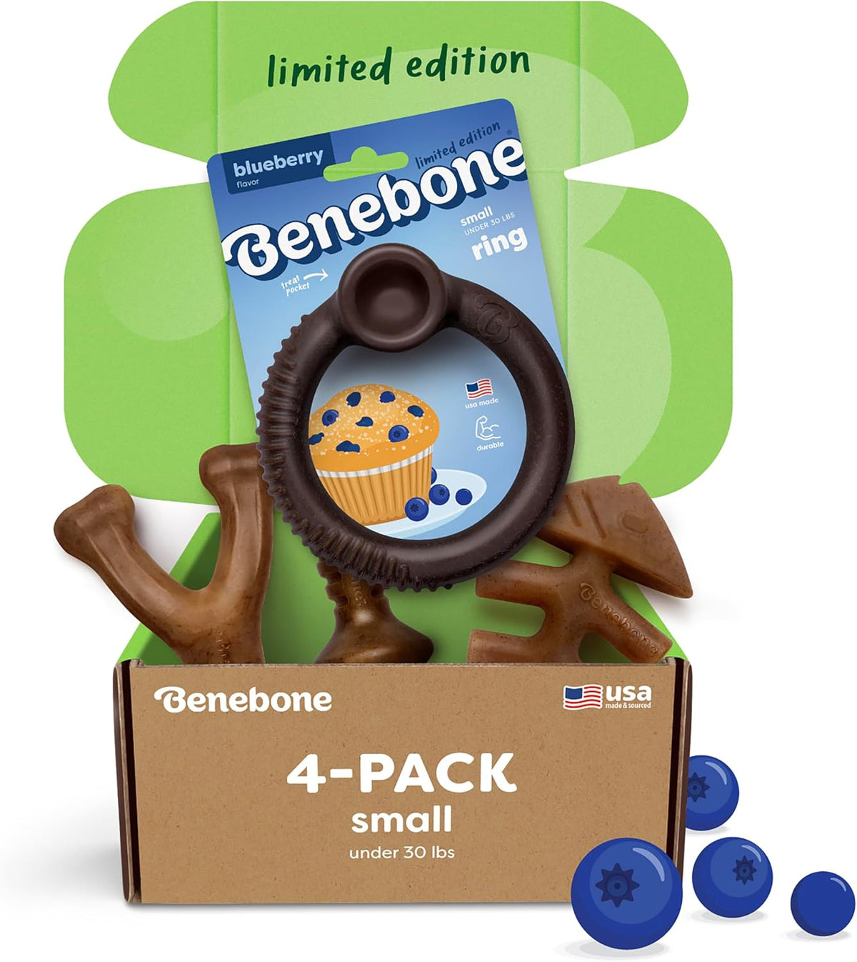 Benebone Small 4-Pack Dog Toys for Aggressive Chewers – Under 30 lbs | Durable, Multipack, Super Chewer, Made in USA, Dog Bones, Long-Lasting, A Size for Every Dog, Keeps Them Busy