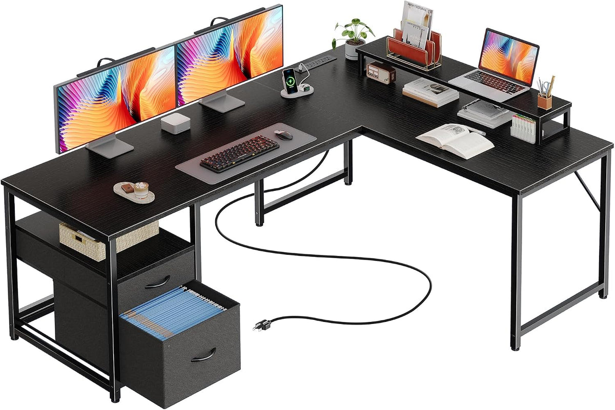 PRAISUN 63 Inch L Shaped Desk with Power Outlets and USB-C Port, Computer Corner Home Office Desk with File Fabric Drawers and Movable Monitor Stand, Larger Storage, Gaming, Writing, Rustic Brown