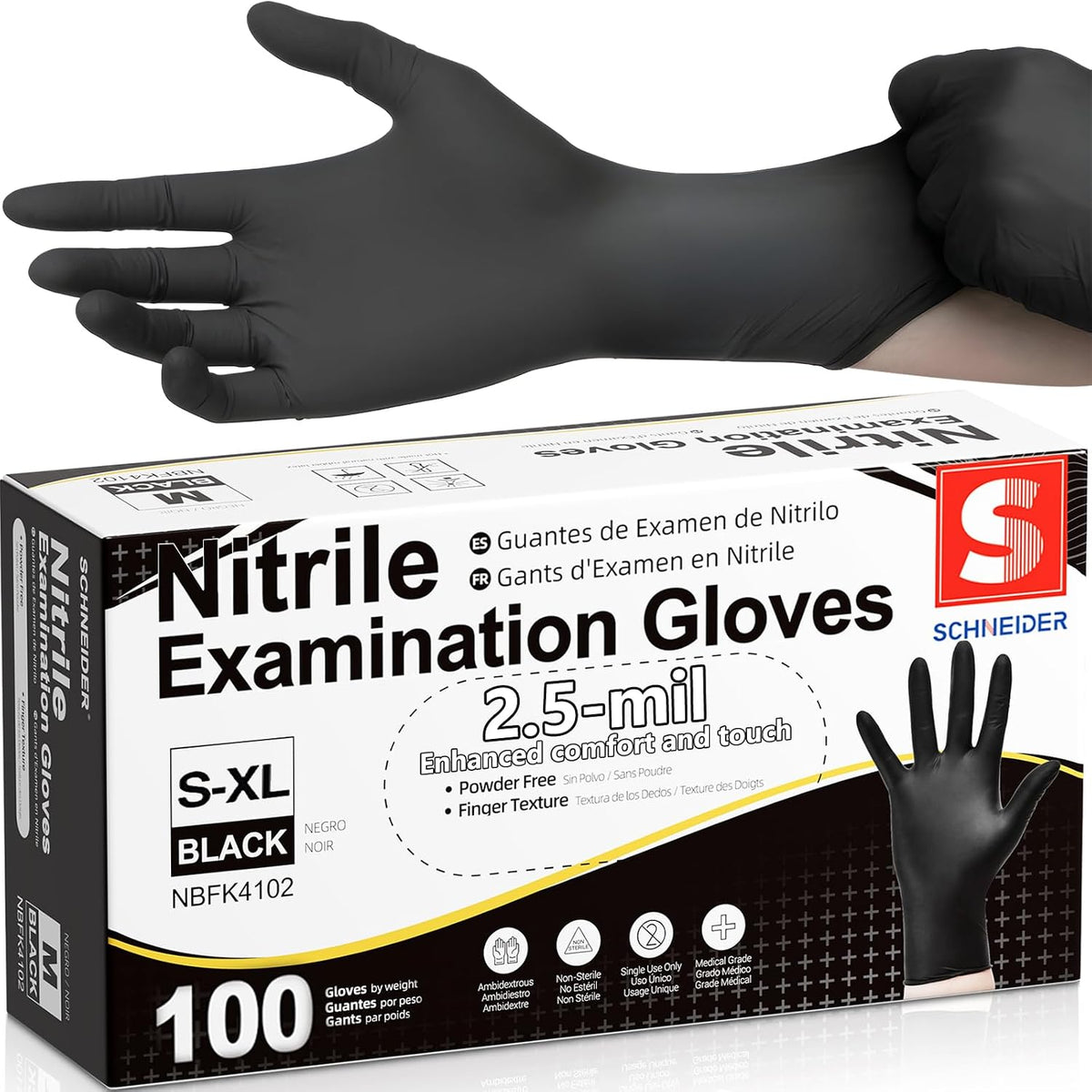 Schneider Black Nitrile Gloves, Gloves Disposable Latex Free, Powder Free