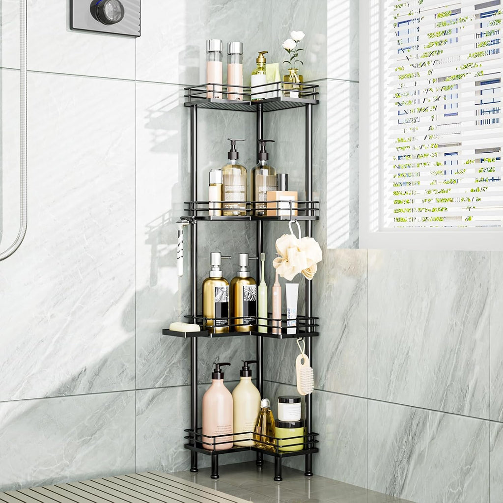 Consumest Corner Shower Caddy Standing - 3-Tier Stainless Steel Shower Organizer with Soap Holder and 4 Hooks, Large Capacity Corner Shelf Stand for Bathroom, Rest Room, Black