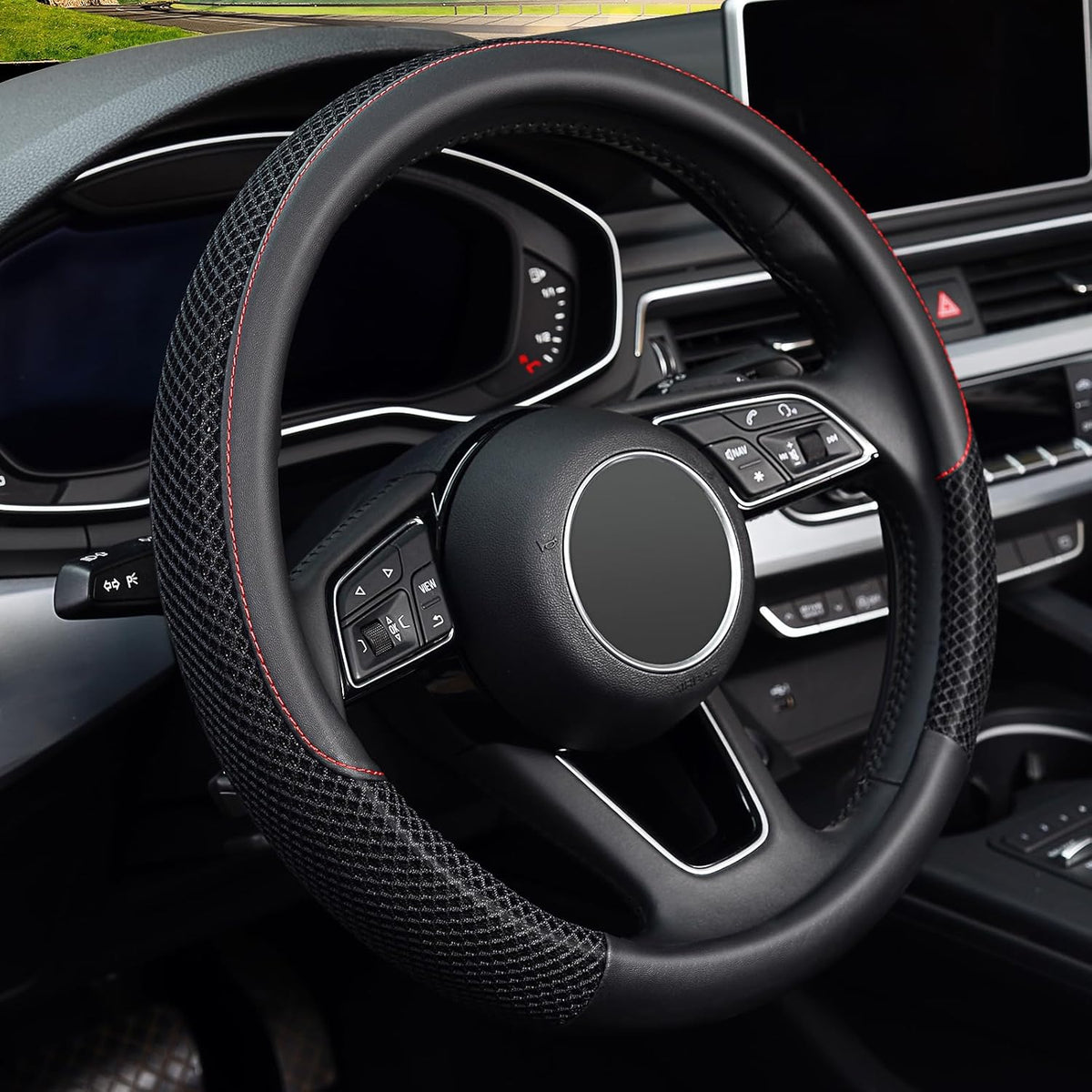 KAFEEK Steering Wheel Cover, Cooling Ice Silk Leather, 15 Inch, Black