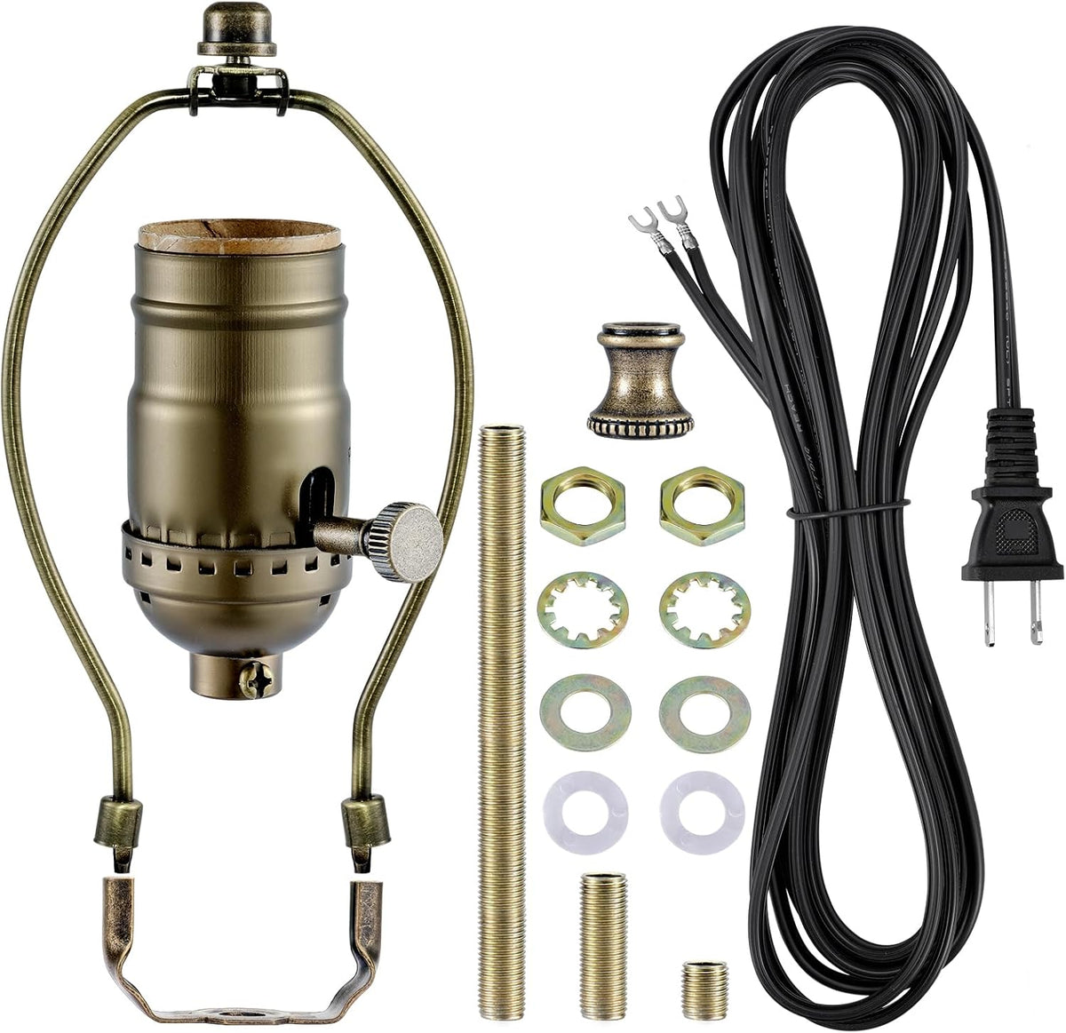 Lamp Rewire Kit - 3-Way Socket With Matching Cord and Harp Set for Table or Floor Lamp Repair, Essential Hardware for DIY Design (Antique Brass, 1)