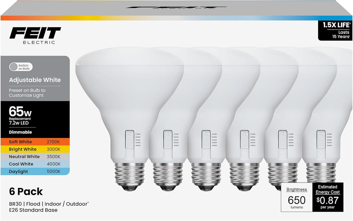 Feit Electric BR30 LED Light Bulbs, 65W Eq, Dimmable, 5CCT, 6 Pack