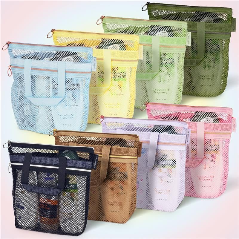 DV Lifestyle Mesh Shower Bag 10.2x9.9'' Quick-Dry Caddy with Zipper & 2 Pockets. Portable Toiletry Tote for Bathroom, Gym, Travel, Camp, Beach, for Sunscreen, Dorm & College Essentials (Black)