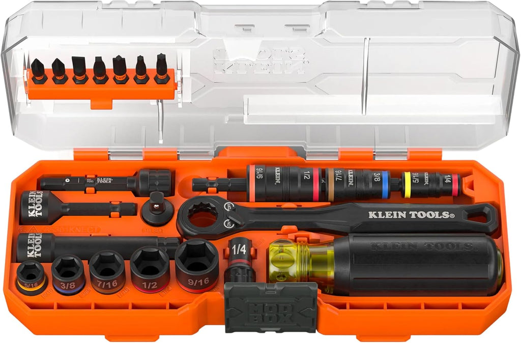 Klein Tools 65301KNECT Impact Socket Set, KNECT (S) 23-Piece SAE Pass-Through and Flip Socket Tool Set, Impact Driver Adapter, MODbox Tool Organization