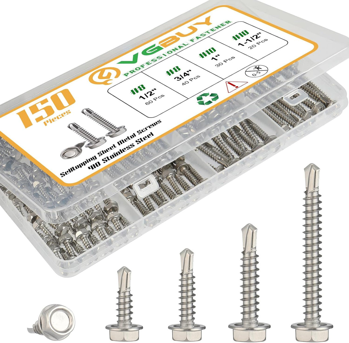 VGBUY 150Pcs Self Drilling Screws Assortment Kit, 410 Stainless Steel Self Tapping Sheet Metal Screws, #8 1/2" 3/4" #10 1" 1-1/2", Hex Washer Head