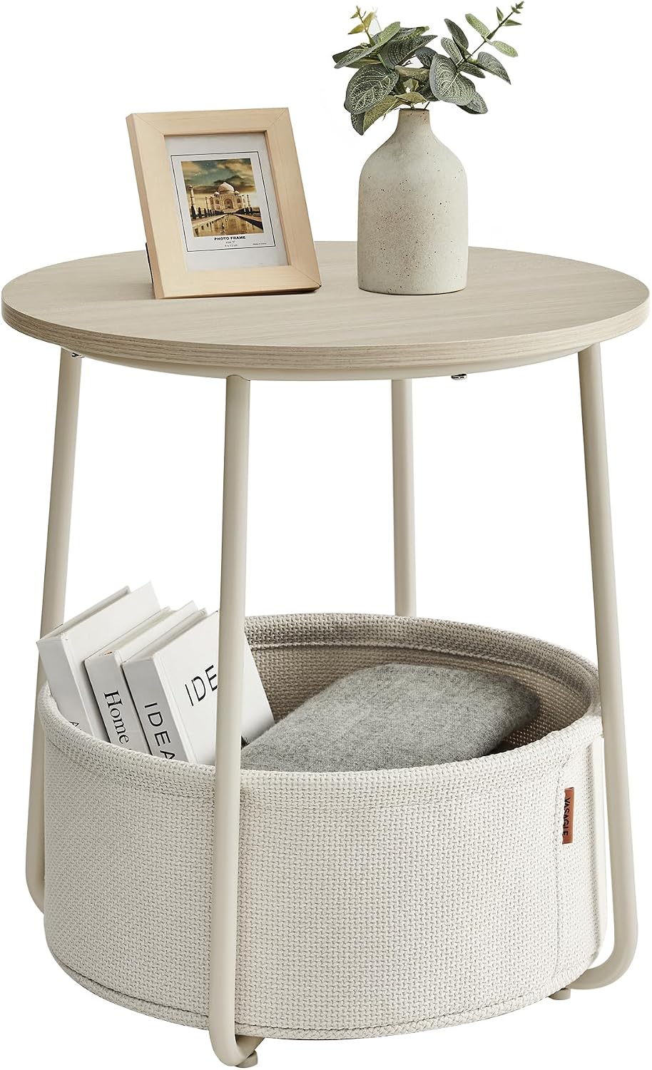 VASAGLE Small Round Side End Table, Small Nightstand with Fabric Basket