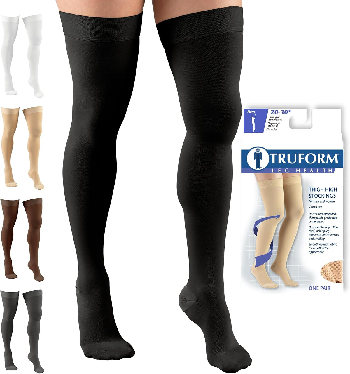 Truform 20-30 mmHg Compression Stockings for Men and Women, Thigh High Length, Dot Top, Closed Toe, Black, Medium