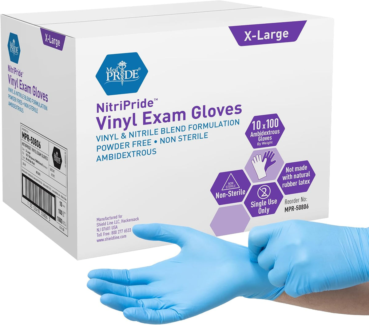 MED PRIDE Nitrile/Vinyl Blend Exam Gloves,Powder-Free,Blue,Large,100-Count
