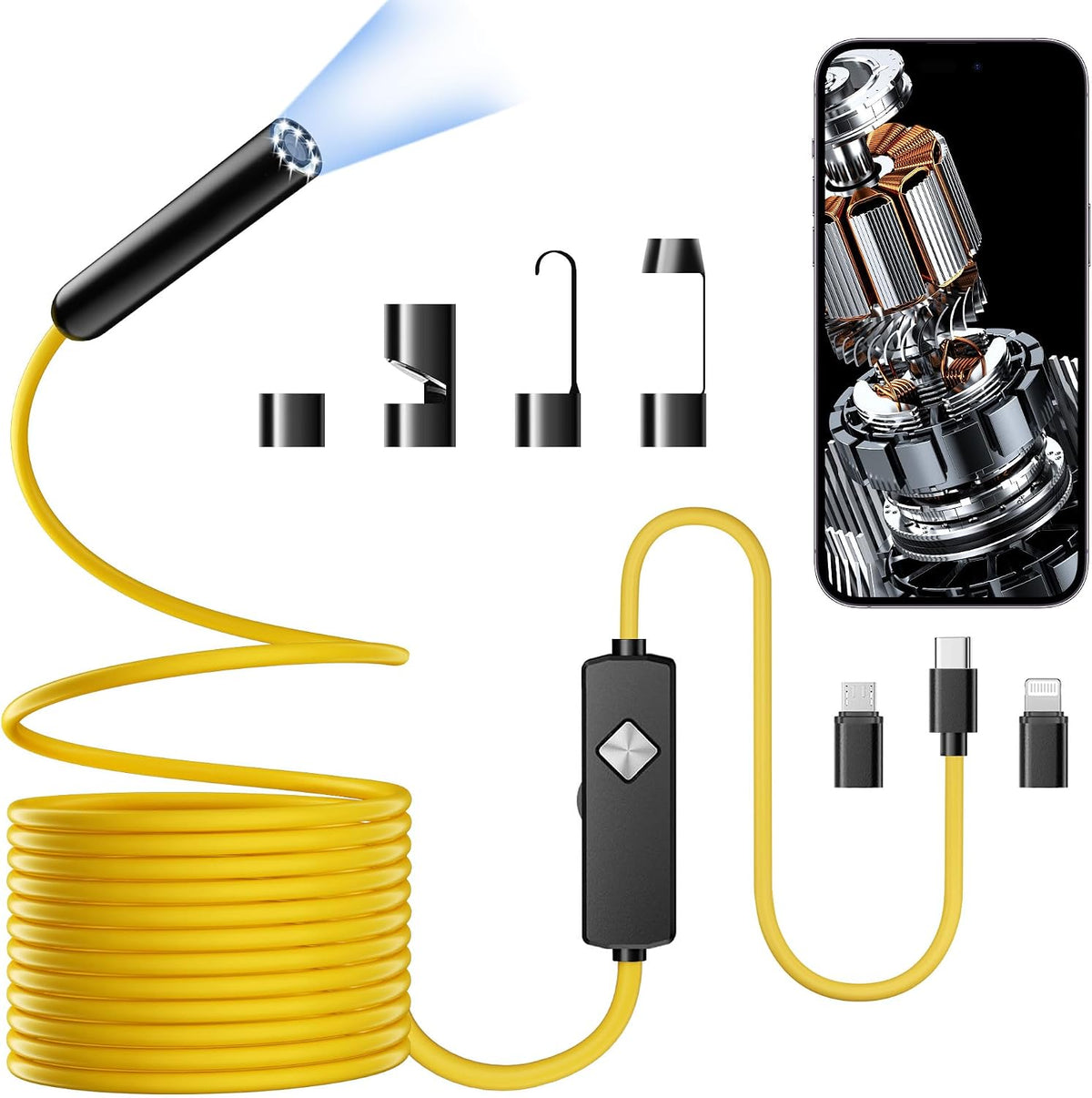 Endoscope with Light, 1920P HD Borescope with 8 Adjustable LED Lights, Semi-Rigid Snake Camera, IP67 Waterproof Inspection Tool (16.4ft, Black + Dual Lens Wiring Harness)