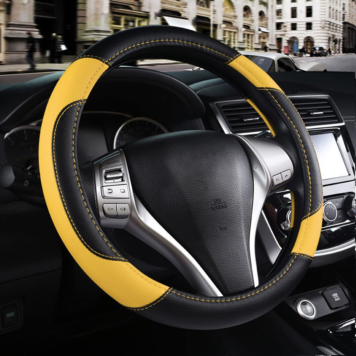 Leather Car Steering Wheel Cover, Universal Fit for Most Cars, Beige