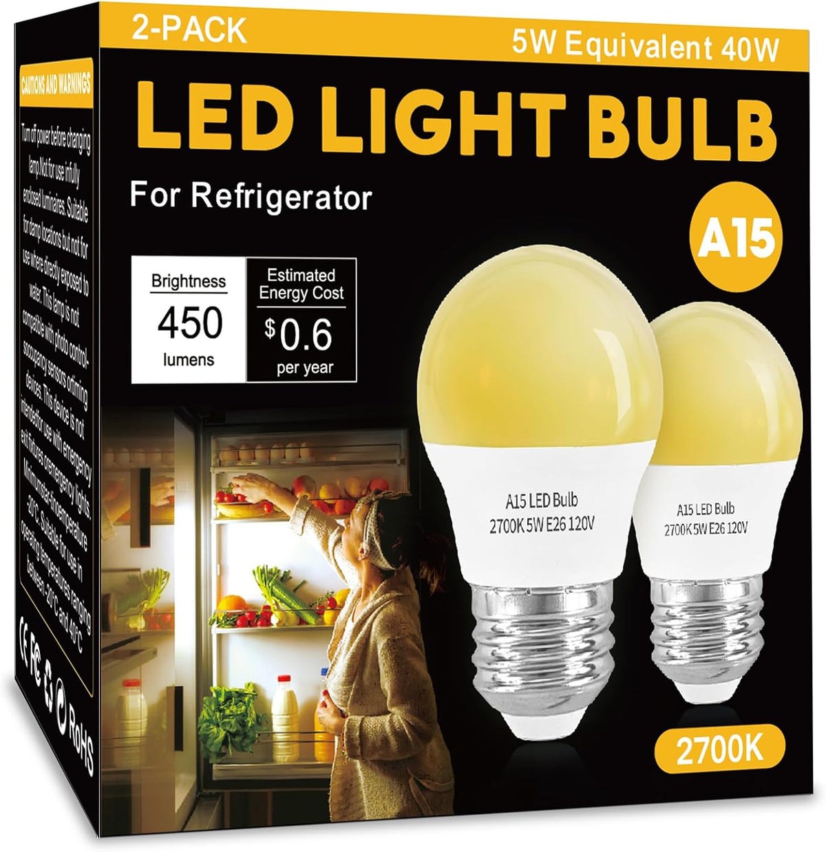 LED Refrigerator Light Bulb 2 Pack，Dimmable A15 5000K 40W Equivalent