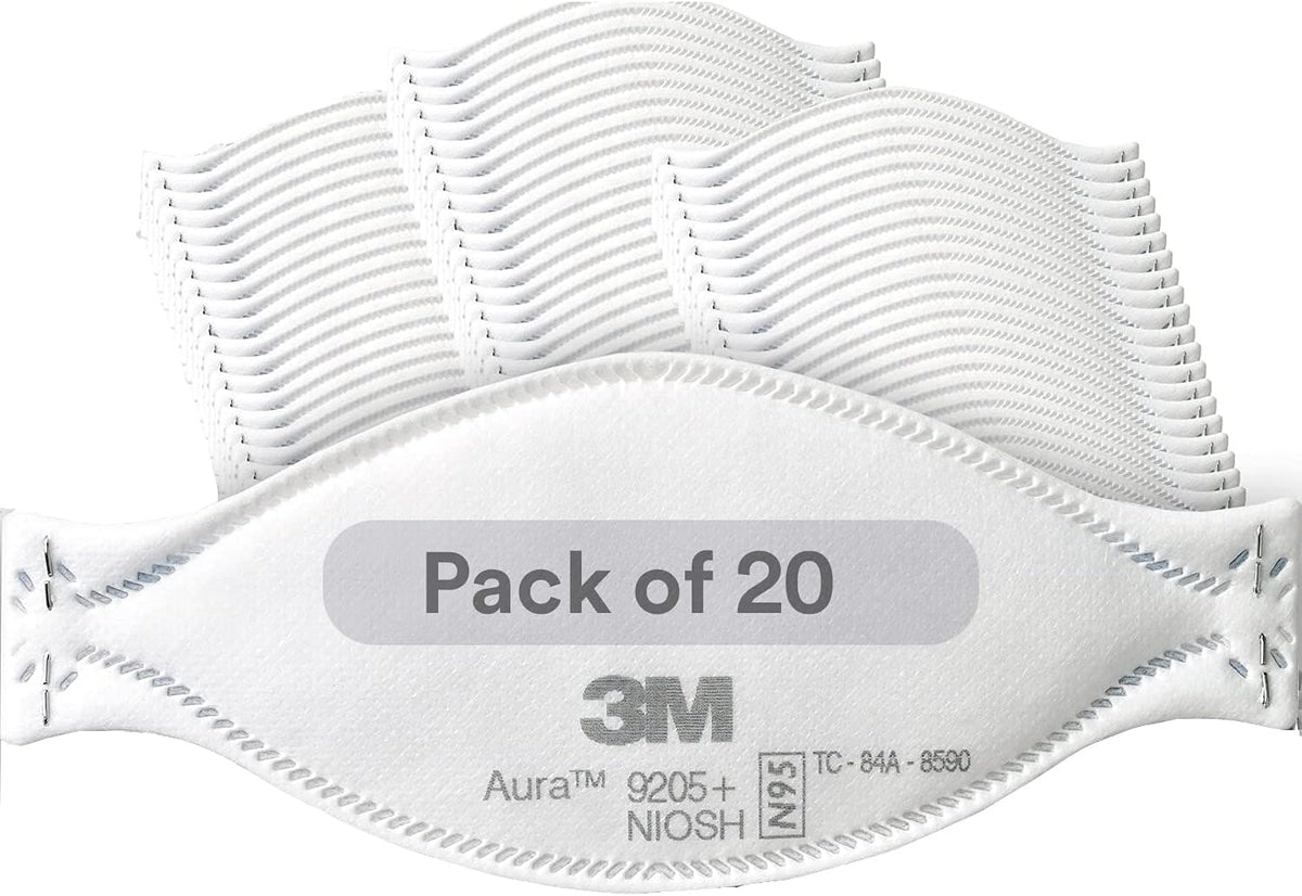 3M Aura Particulate Respirator 9205+, N95, Individually Wrapped, 3 Panel Flat Fold Design Allows for Facial Movements