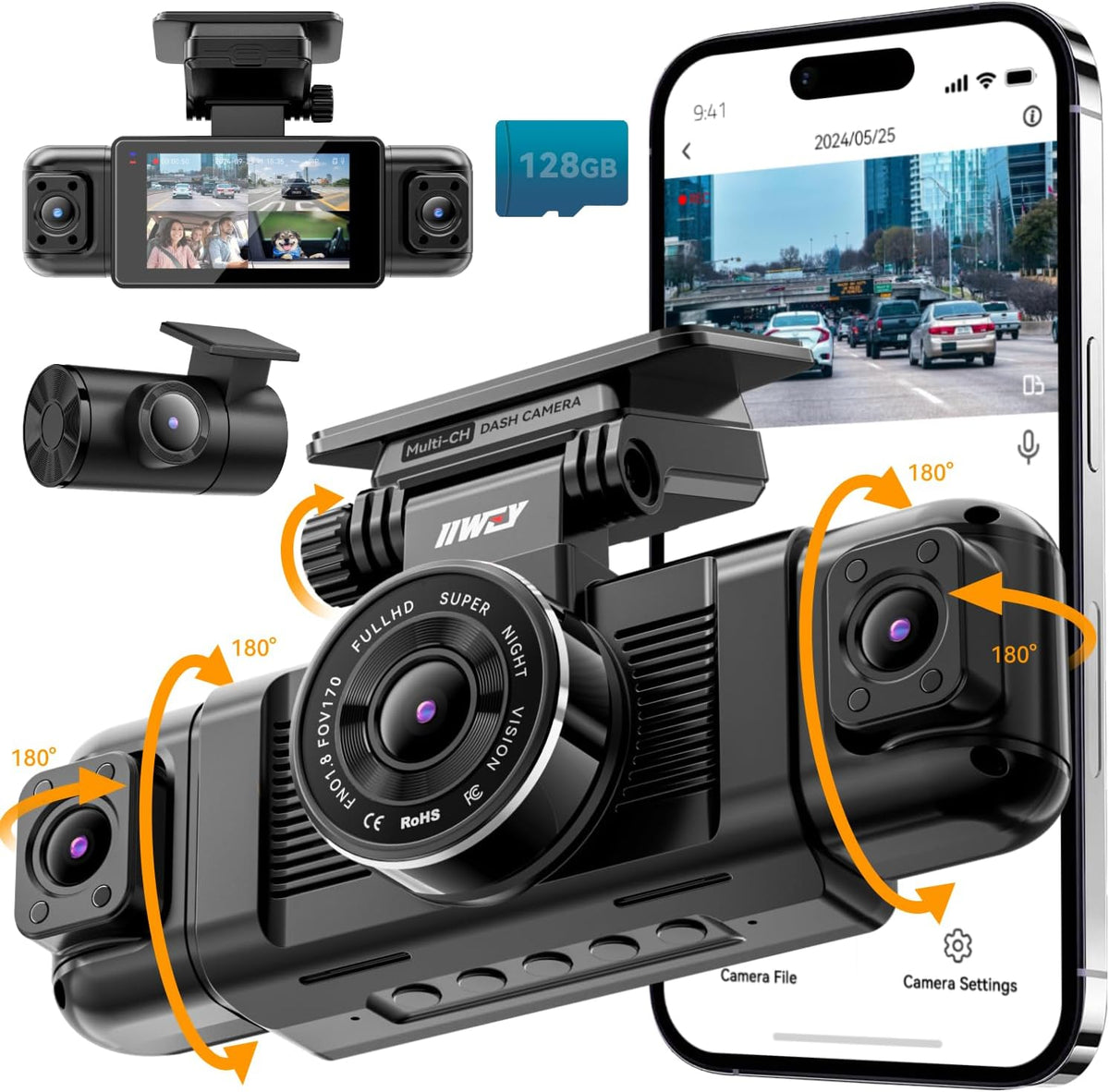 IIWEY N5 4 Channel Dash Cam for Cars, 360° View 2K Front 1080P Rear Inside